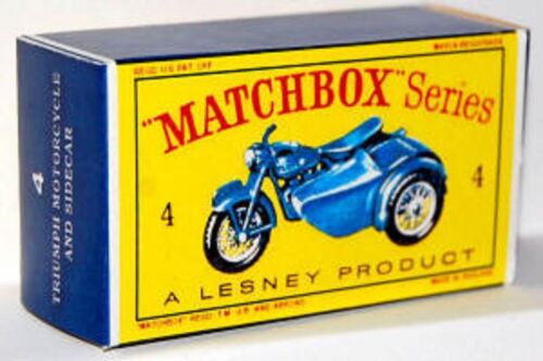 Matchbox Lesney No 4 TRIUMPH MOTORCYCLE /& SIDECAR empty Repro D style Box