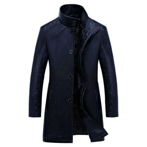 Men's Trench Coat Stand Collar Pu Leather Business Jacket Long Sleeve Overcoat 