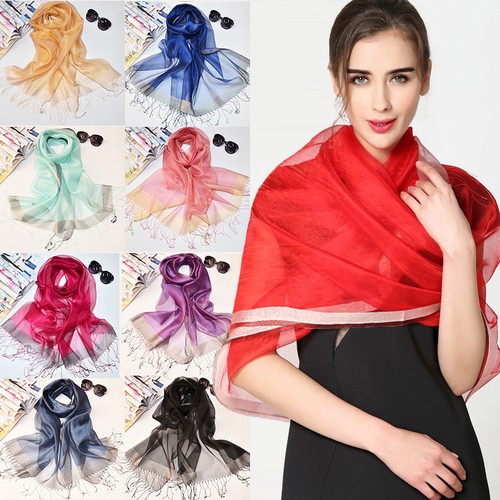 New Women Lady 100/% Silk Organza Scarf Solid Long Tassel Soft Shawl Wrap Scarves