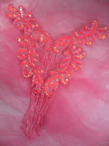0510 Hot Pink AB Bodice Yoke Sequin Beaded Applique Sewing Patch Motif  10/"