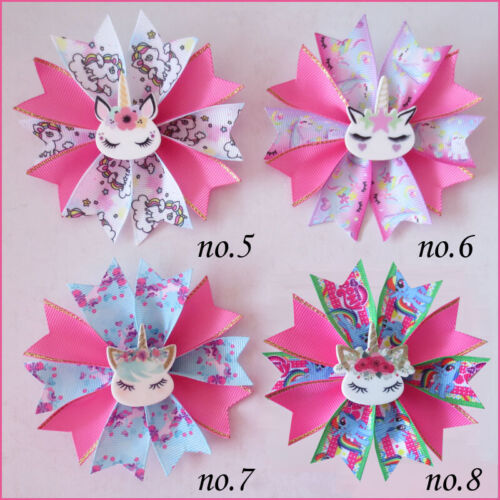 50 BLESSING Girl Popular 3.5/" Fairy Hair Bow Clip Unicorn Rainbow Flower Baby