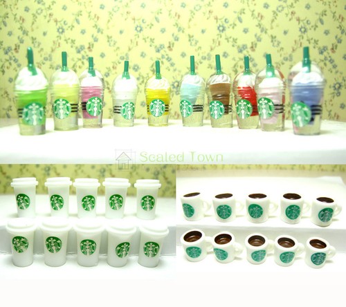 10 Dolls House Miniature Starbucks Ice Cream Coffee Cup Food Drink Chocolate 1//6