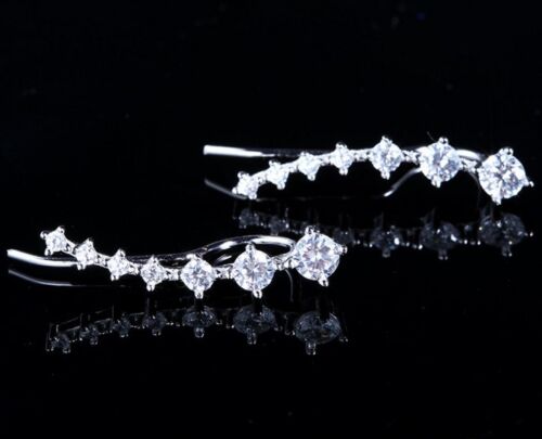 925 Sterling Silver Ear Crawler Cuff Climber Earrings Crystal CZ Charm Gift Rose