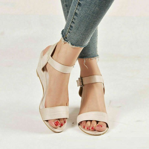 New Womens Ladies Wedge Slingback Sandals Buckle Ankle Strap Peep Toe Shoes Size