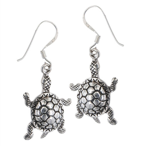 Oxidized Textured Turtle Patterned Shell Sterling Silver Animal Dangle Earrings