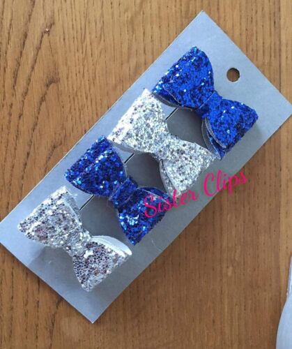 Filles Handmade 4 Baby//Toddler Petit Royal Blue /& Silver Glitter hair bow Clips