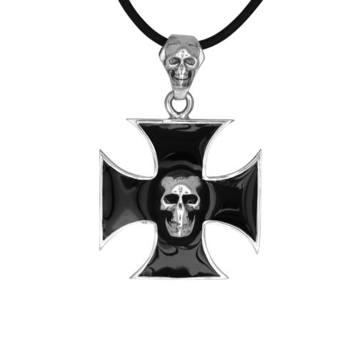 Iron Cross Skull Black Enamel Biker Pendant Necklace Solid Sterling Silver  USA 