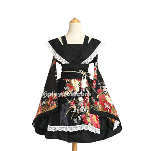Women Kimono Dress Lolita Flowers Print Flare Sleeve Cosplay Maid Party Dress