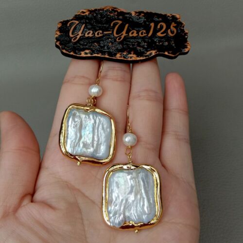White Square Keshi Pearl Gold plated Hook Earrings