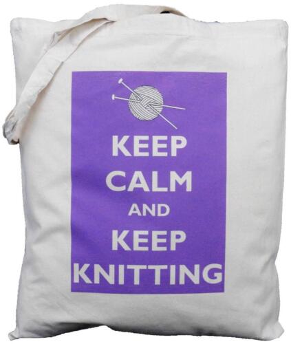 Keep Calm and Keep Knitting Natural Cotton Shoulder Bag Purple design 