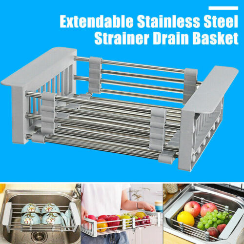 Stainless Steel Dish Drying Rack Telescopic Drain Basket Kitchen Sink Organizer 