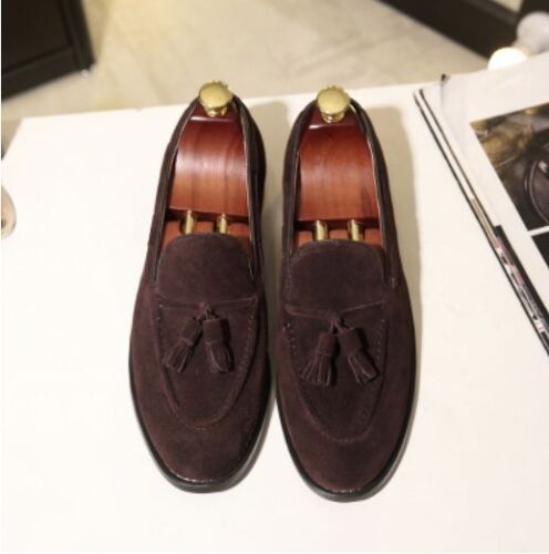 Mens REAL LEATHER Pointed Toe Suede Tassels Slip On Loafers Casual Dress Shoes 