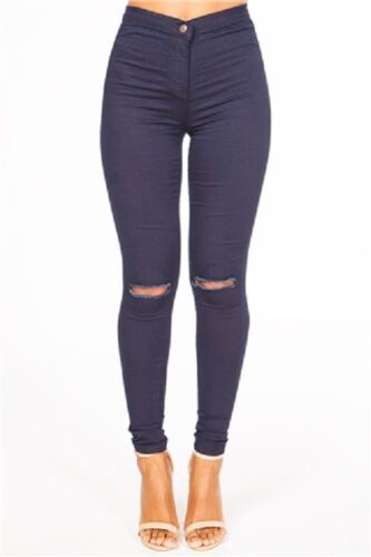 Femme Taille Haute Déchiré Genou Skinny Jeans Femmes Tube Jeggings UK 6-22