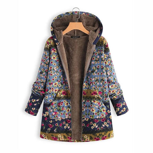 Women Ladies Warm Floral Print Coat Fleece Hooded Parka Jacket Outwear Plus Size 