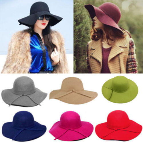Vintage Women Wide Brim Floppy Warm Wool-look//effect Hat Trilby Bowler Cap