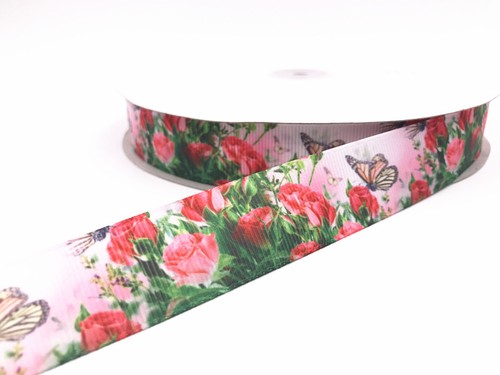 Yarda 1-10 1/" Mariposa Rosa Estampado de Cinta de Grogrén Cabello Moño Cinta De Costura