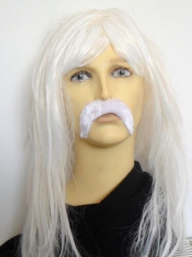 LONG WHITE STRAIGHT MEN/'S FANCY DRESS WIG /& SELF ADHESIVE DROOP  MOUSTACHE