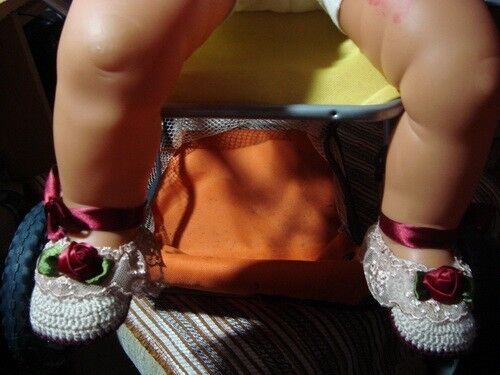 NEWBORN BABY GIRL HANDMADE CROCHET BEIGE-BURGUNDY SHOES BOOTIES SLIPPER 0-3 M