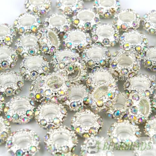Big Hole Crystal Rhinestone Pave Silver Rondelle Spacer Beads Fit European Charm