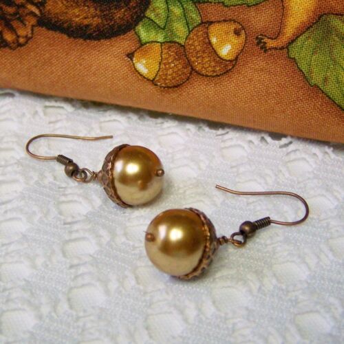 Details about  &nbsp;Acorn Earrings, Acorn Jewelry, Copper Pearl Acorn Earrings, Autumn Fall Earrings