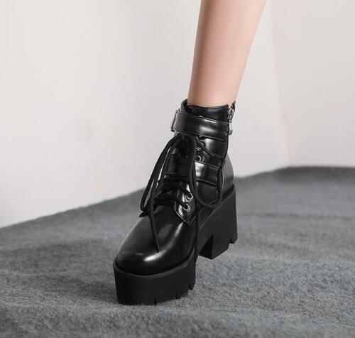 Womens Fashion Punk Lace Up Buckle Strap Ankle Boots Chunky Mid Heels Shoes Size