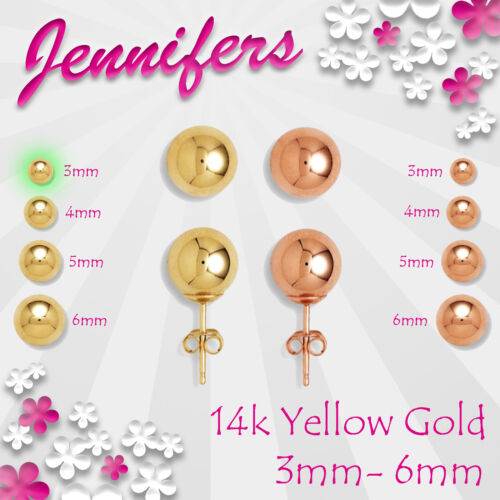Gold Ball Stud Earrings Genuine Rose Round 3mm ~ 6mm New Jewellery Plain Yellow