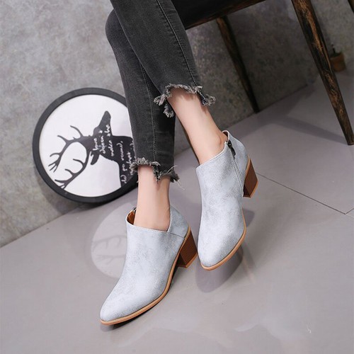 Women Ankle Boots Low Block Heels Chelsea Zip Up Round Toe Booties Frosted Shoes