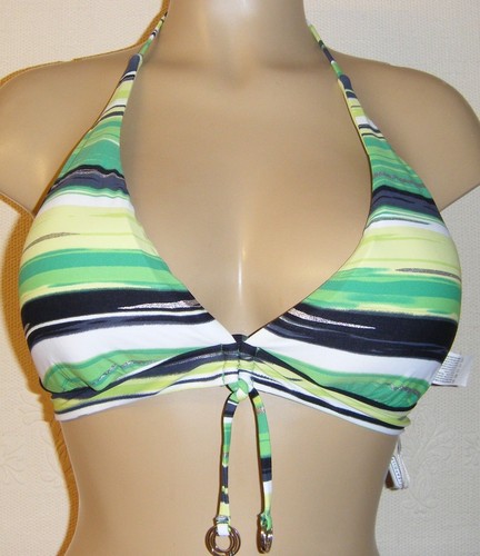SEAFOLLY BIKINI TOP HORIZON SIZE 14 GREEN STRIPE PADDED TRIANGLE HALTER NECK NEW