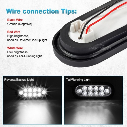2 White 6/" Oval Oblong LED Back-up Stop Turn Tail Light RV Truck Trailer 2 Red