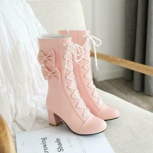 Details about / Sweet Womens Lolita Round Toe Bowknot Block Heel Lace Up Ankle Boots Cute Shoes
