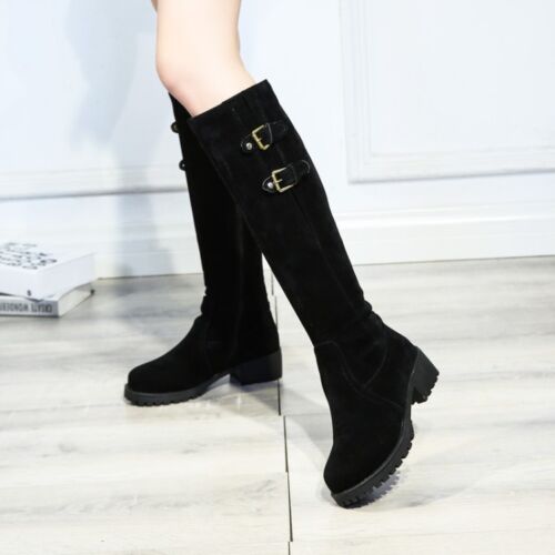 Vintage Womens Buckle Strap Block Low Heels Round Toe Knee High Riding Boots 