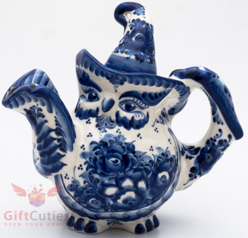 Porcelain Gzhel teapot bird Owl mage wizard handmade in Russia 0.7 Liters