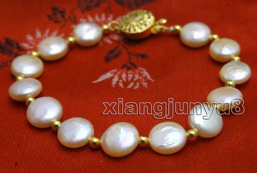 Fashion Big 9-10 mm Coin Rond Rose Natural Freshwater Pearl 7.5/" Bracelet-br378