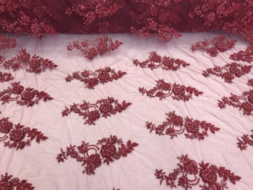 BURGUNDY HAND BEADED FLORAL DESIGN EMBROIDERY ON A MESH LACE-SOLD BY YARD. 