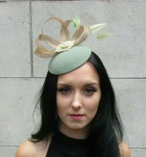Khaki Sage Green Gold Feather Pillbox Hat Fascinator Races Wedding Hair 7650