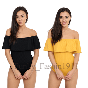 Ladies Womens Ribbed Sleeveless Bardot Off the Shoulder Frill Bodysuit Top