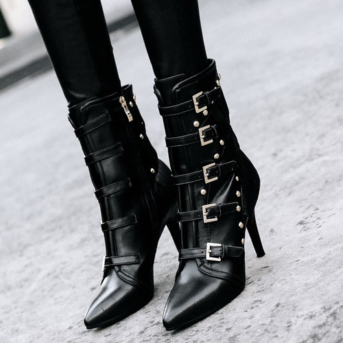 High-Top Damen Pumps Kunstleder Stilettos Schnalle Spitz Bikerstiefel Gr.33-43