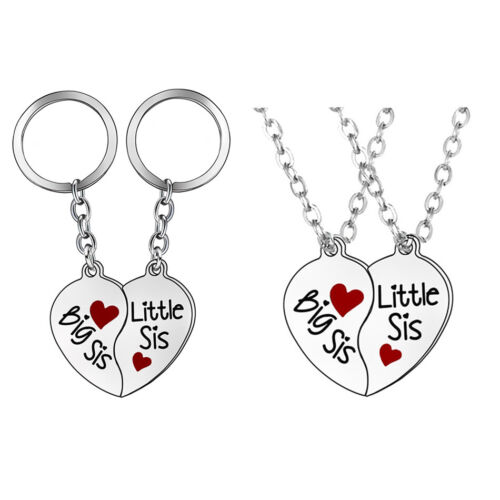 2PCs Broken Heart Big Sis Little Sis Silver Necklace Set Sisters Family Gift