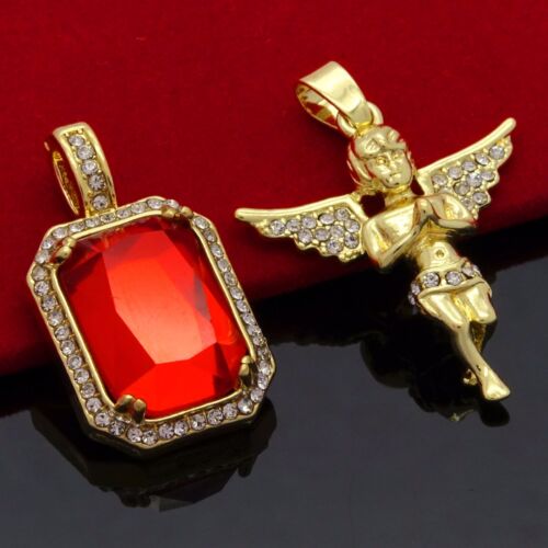 Men 14k Gold Plated High Fashion 2 pcs Simulated Ruby /& Angel 2mm 30 /& 24 Rope