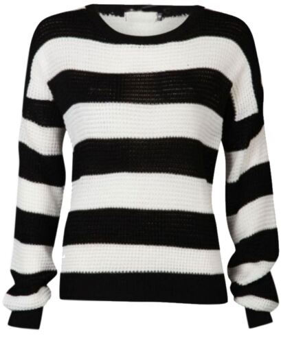 Ladies Black White Monochrome Stripe Jumper Womens Long Sleeve Chunky Knit Top