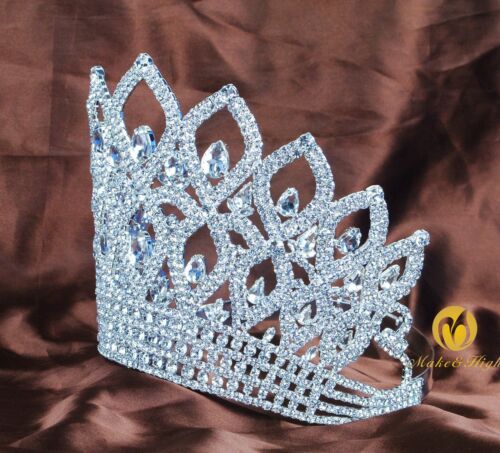 World Pageant Large Tiara Crown Clear Rhinestone Headpiece Bridal Party Costumes 