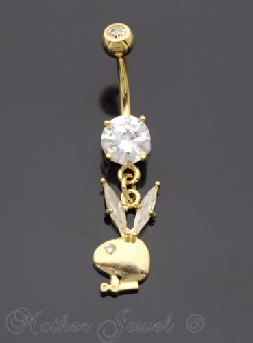 14K YELLOW GOLD TRIPLE PLATED PLAYBOY BUNNY SIMULATED DIAMOND BELLY NAVEL RING 