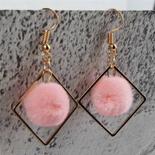 Fluffy Pompom Ball Square Drop Ear Stud Earrings Jewelry Gifts LC 
