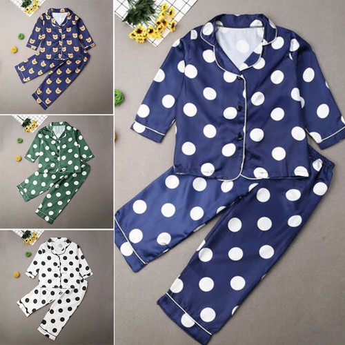 UK 2Pcs Kid Baby Boy Girl Silk Satin Pajamas Set Long Sleeve Sleepwear Nightwear
