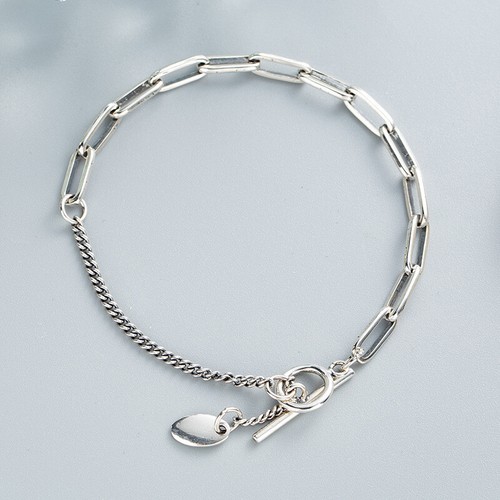 NEW Retro Womens S925 Sterling Silver Asymmetry Curb/&Rolo Link Chain Bracelet