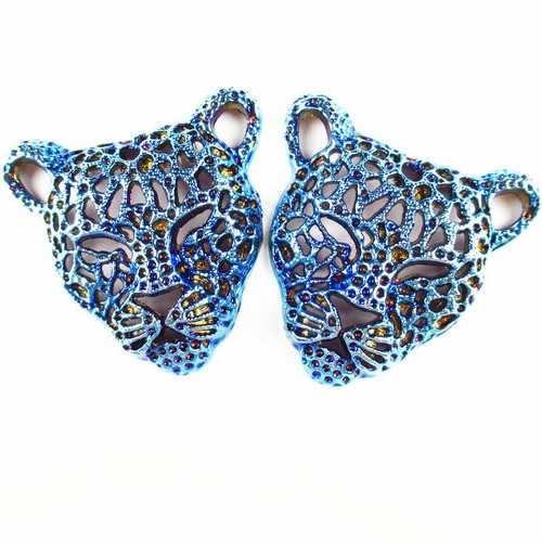 1Pcs 16g Carved Blue Plated Tibetan Silver Leopard Head Pendant Bead SH806