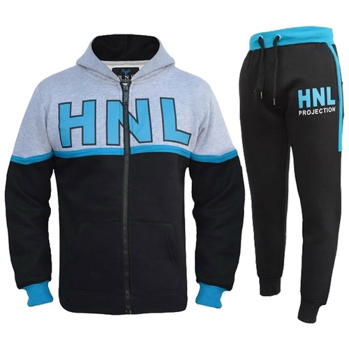 Kids Boys Tracksuit Black Designer HNL Zipped Top Bottom Jogging Suit 7-13 Years