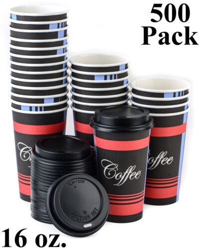 Disposable Poly Paper Hot Tea Coffee Cups with Dome Black Lids 500  Pack 16 Oz 
