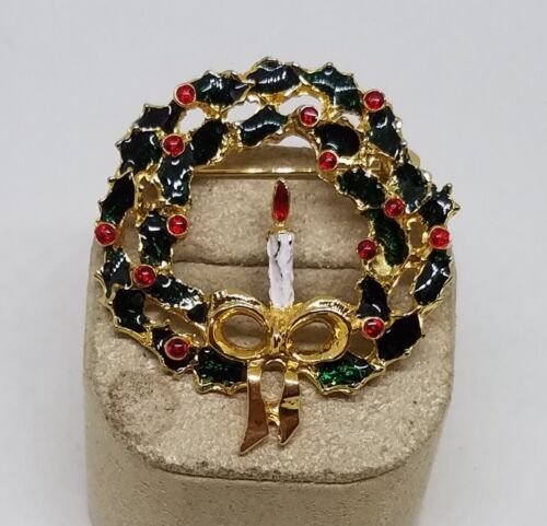 Details about   Vintage Estate Gold Tone Enamel Christmas Candle Wreath Pin Brooch Jewelry 