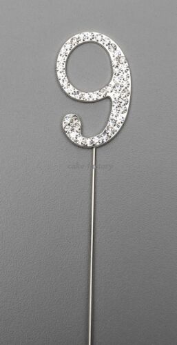 SILVER NUMBER 9 CAKE PICK TOPPER DECORATION 9th DIAMANTE SPARKLY